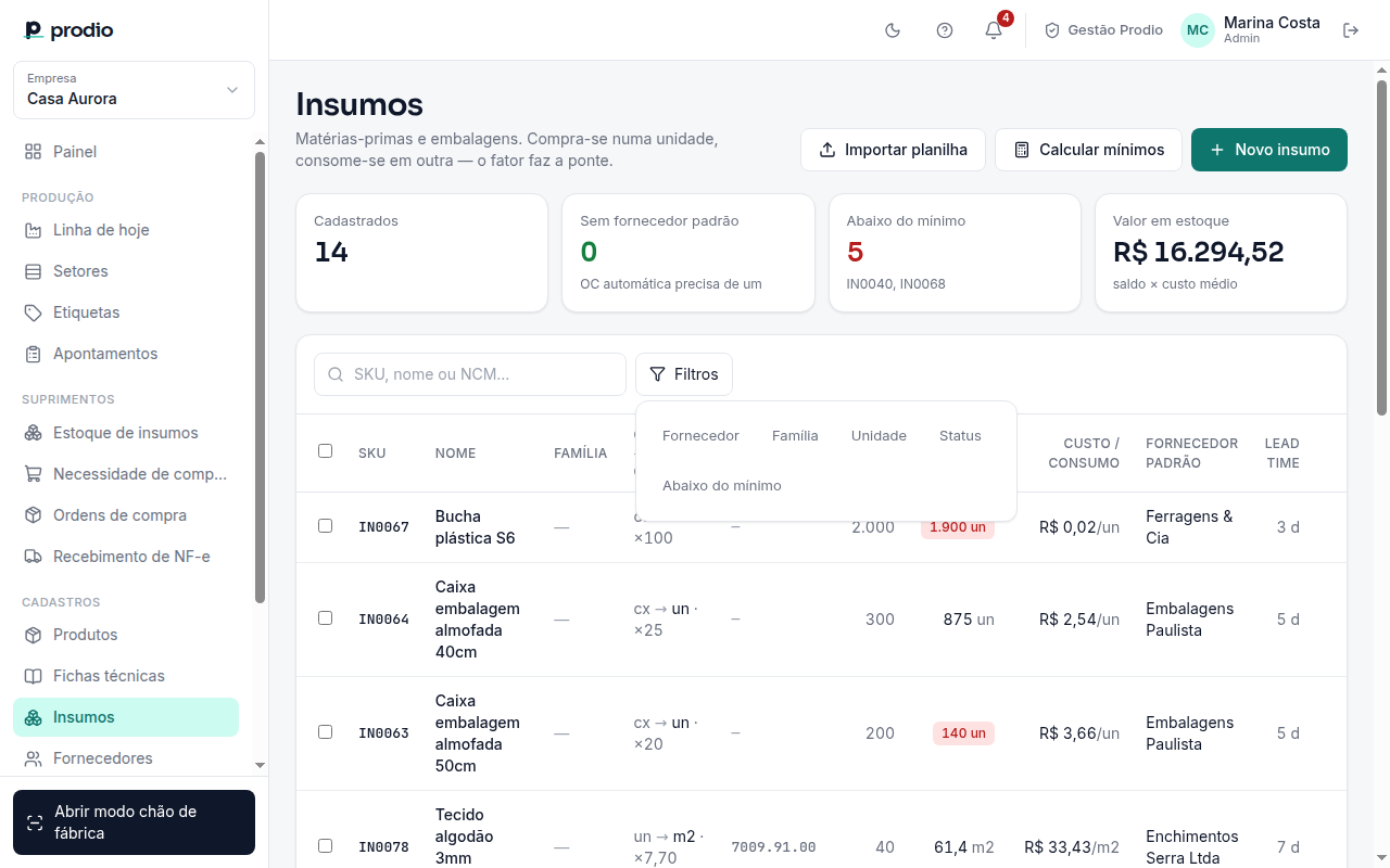 Filtros abertos na lista de Insumos