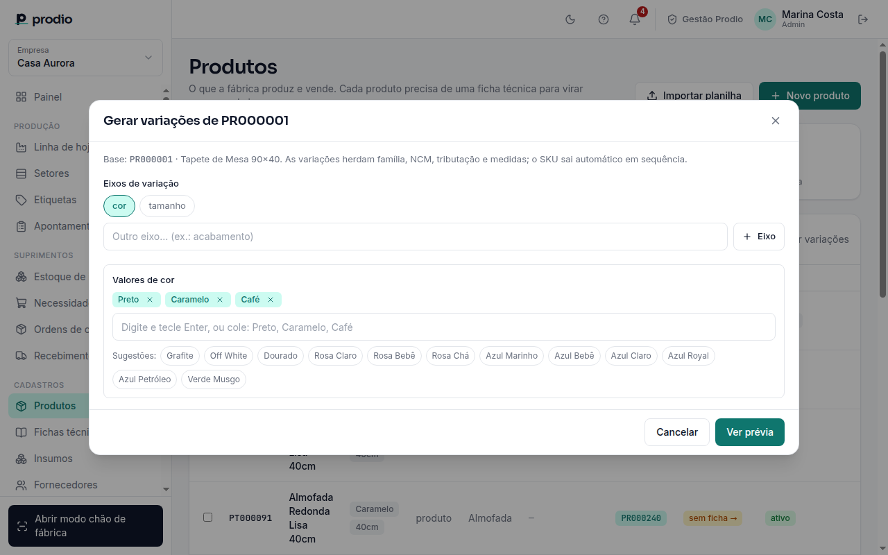 Gerador de variações com os eixos e os valores