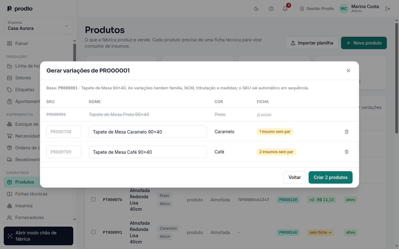 Prévia das variações com SKU e ficha